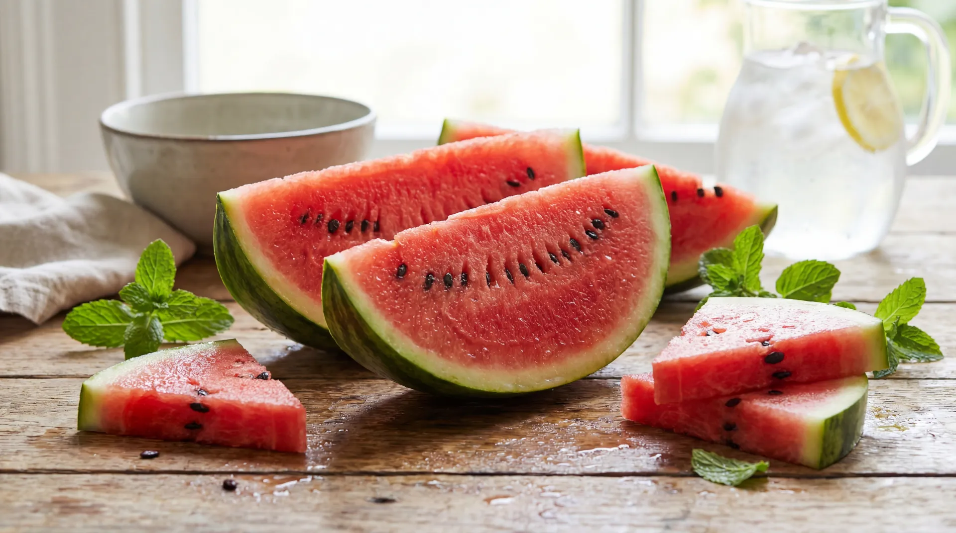 Sliced watermelon on a chilled summer table with mint leaves and condensation to represent hydration and fresh nutrition.