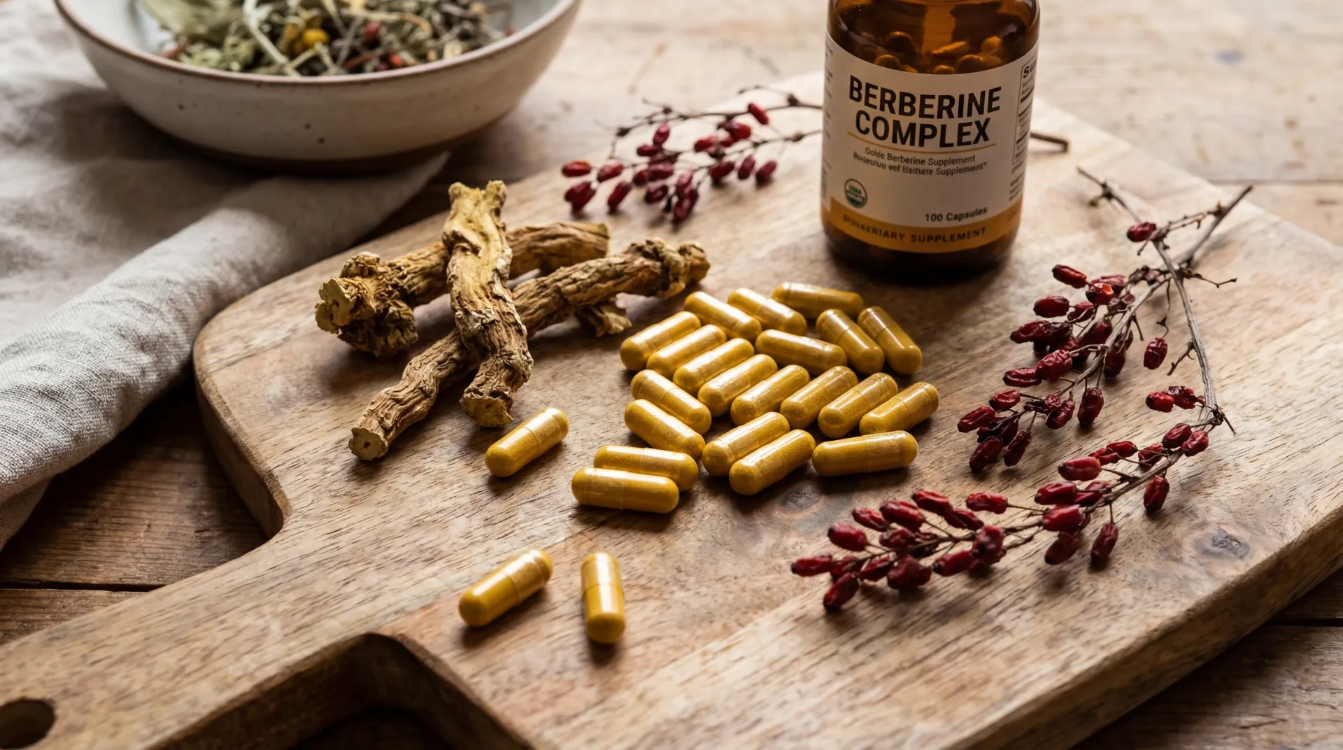 Golden berberine supplement capsules next to dried goldenseal root on a wooden surface