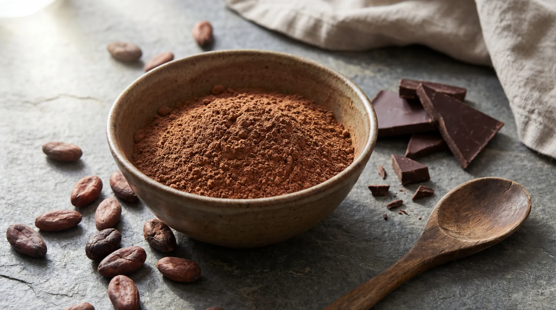 Ceramic bowl of unsweetened cocoa powder with cacao beans and dark chocolate pieces on a stone kitchen counter