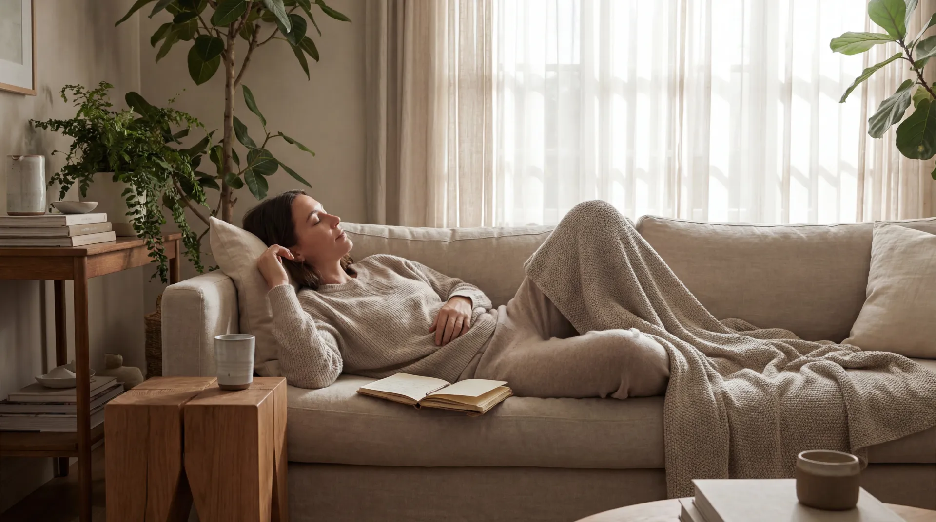 Woman resting on a sofa with a notebook and warm daylight, illustrating daily self-management for chronic fatigue syndrome.