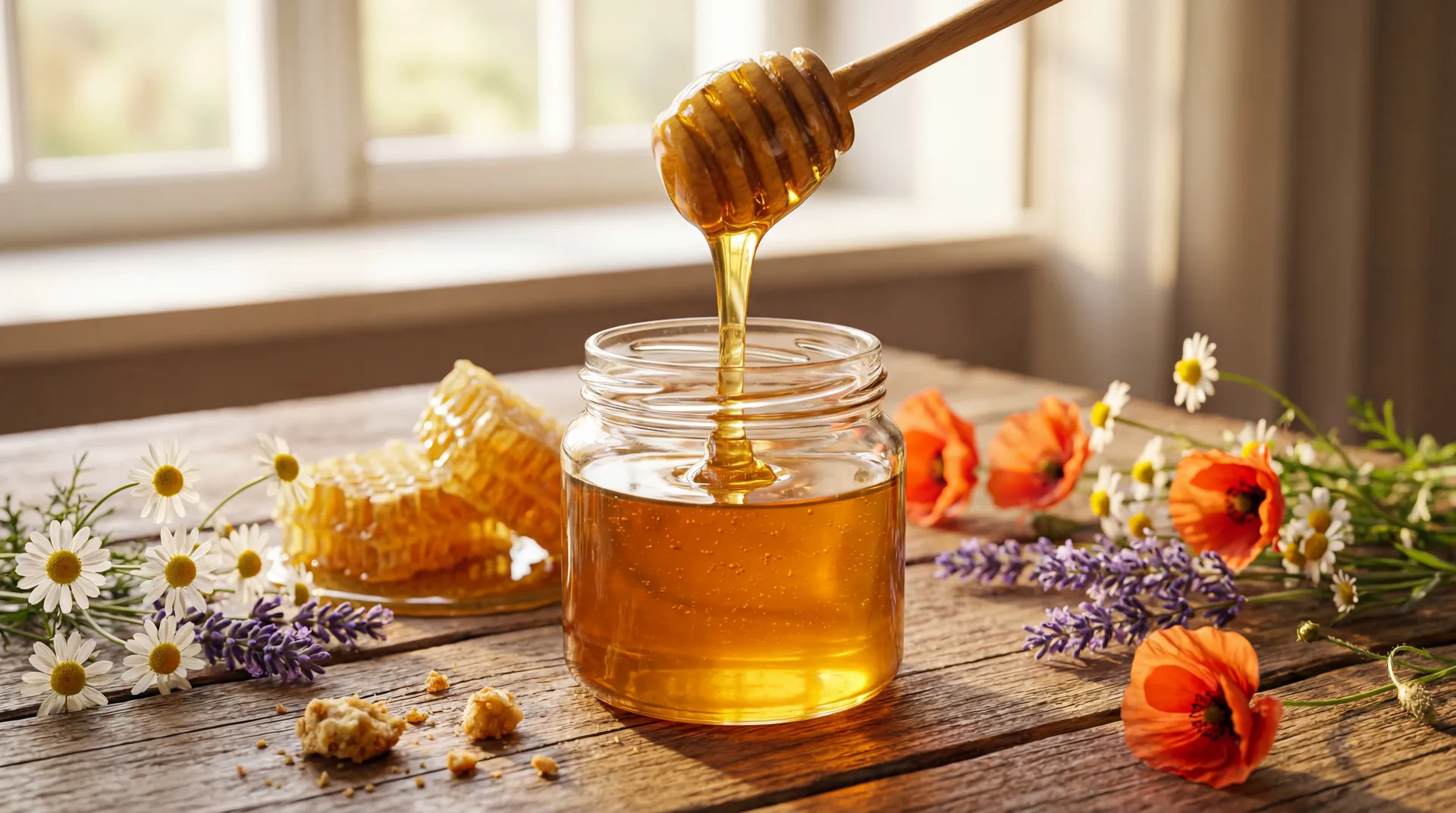 Glass jar of golden honey with a wooden dipper, honeycomb, and wildflowers on a rustic kitchen table.