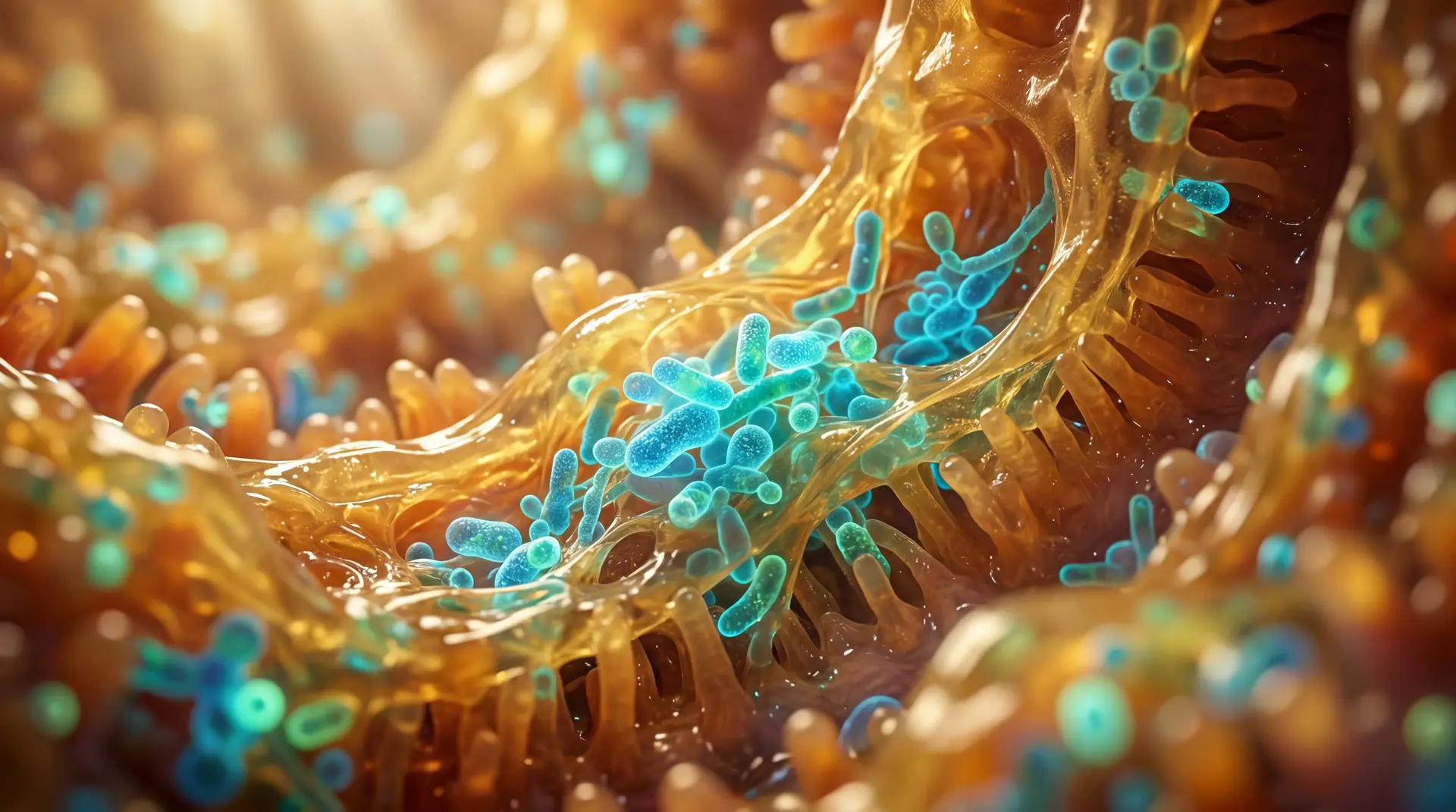 Microscopic visualization of beneficial bacteria colonizing the intestinal mucus layer alongside healthy gut epithelial cells