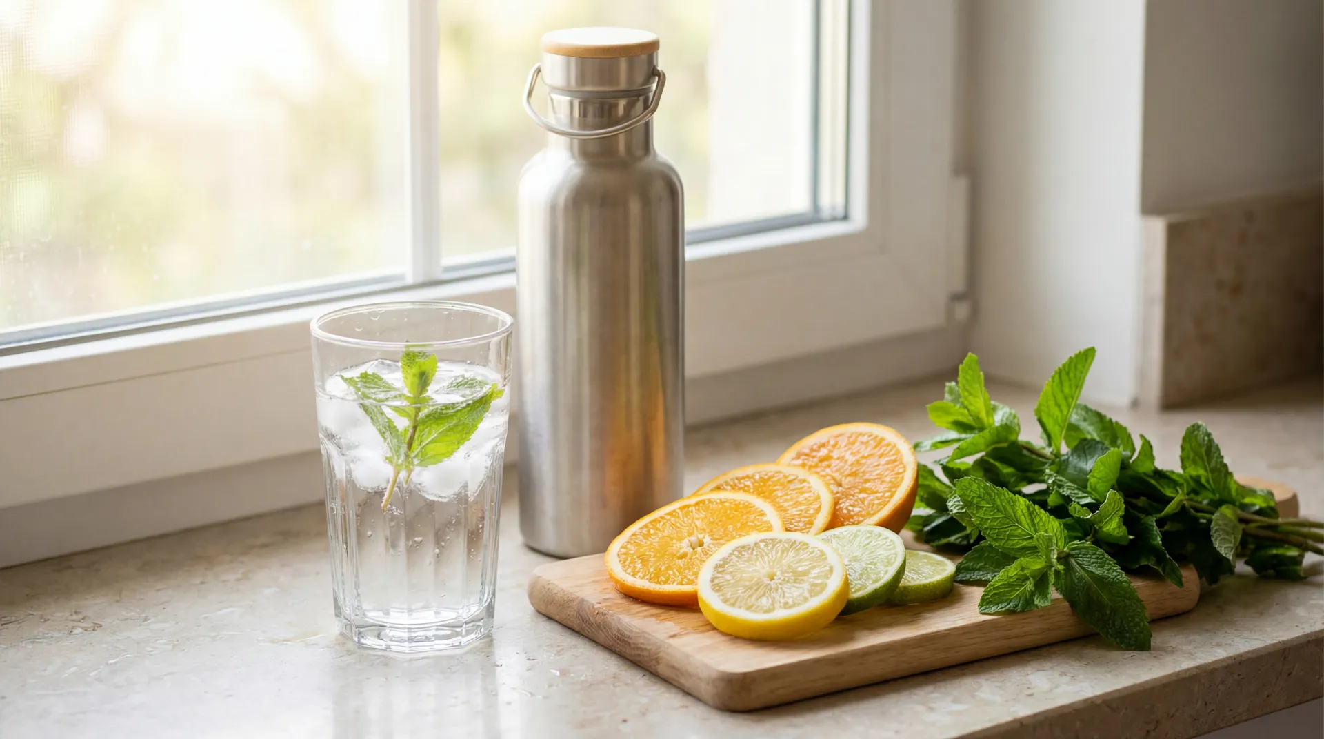 Clear glass of fresh water with citrus and mint on a bright kitchen counter, representing daily hydration habits.