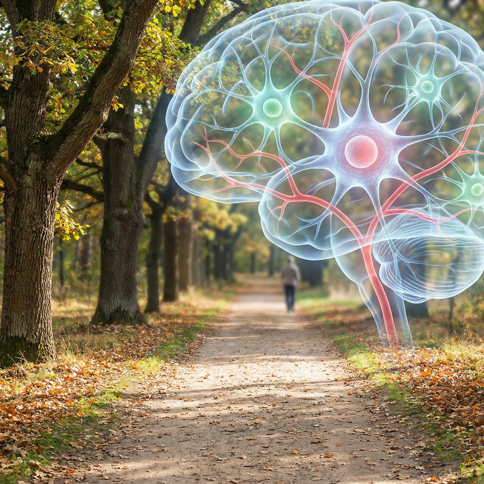 Illustration of active neurons and blood vessels around a walking path to represent neuroplastic changes linked to regular physical activity.