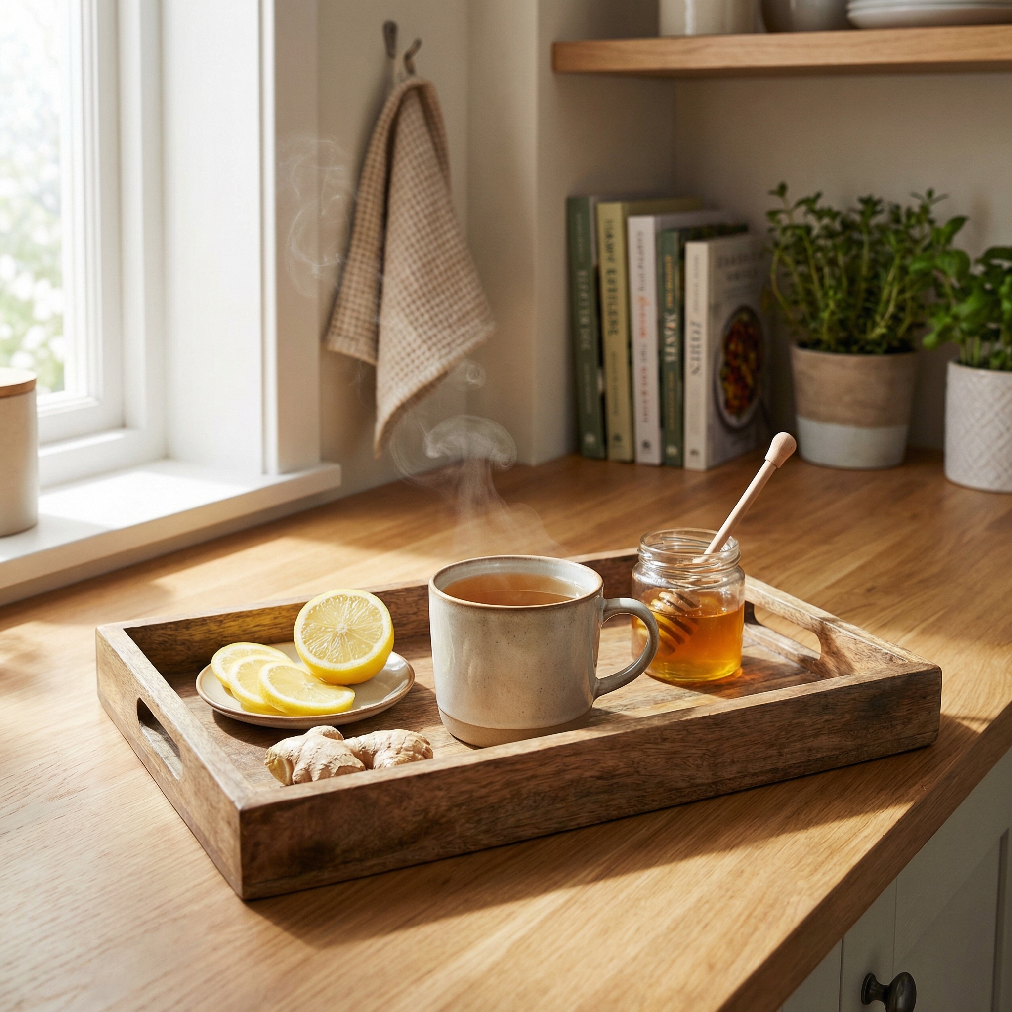 Warm herbal tea with lemon, ginger, and a small pot of honey on a wooden tray to illustrate soothing use.