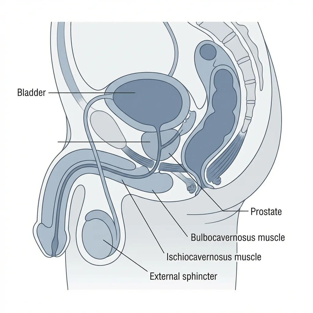 Labeled anatomical infographic showing the male pelvic floor muscles including bulbocavernosus and ischiocavernosus