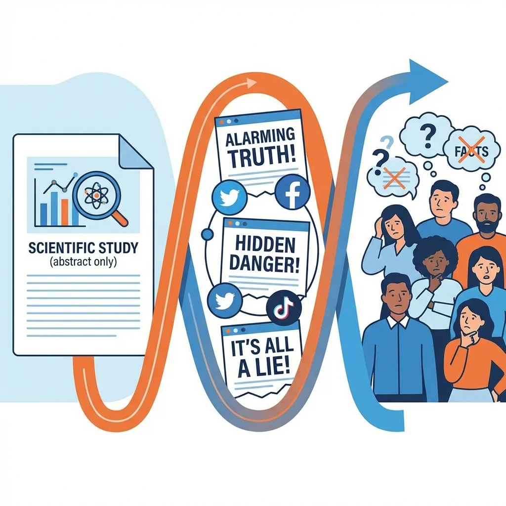 Infographic showing the progression from a single animal study to widespread online health misinformation through social media amplification