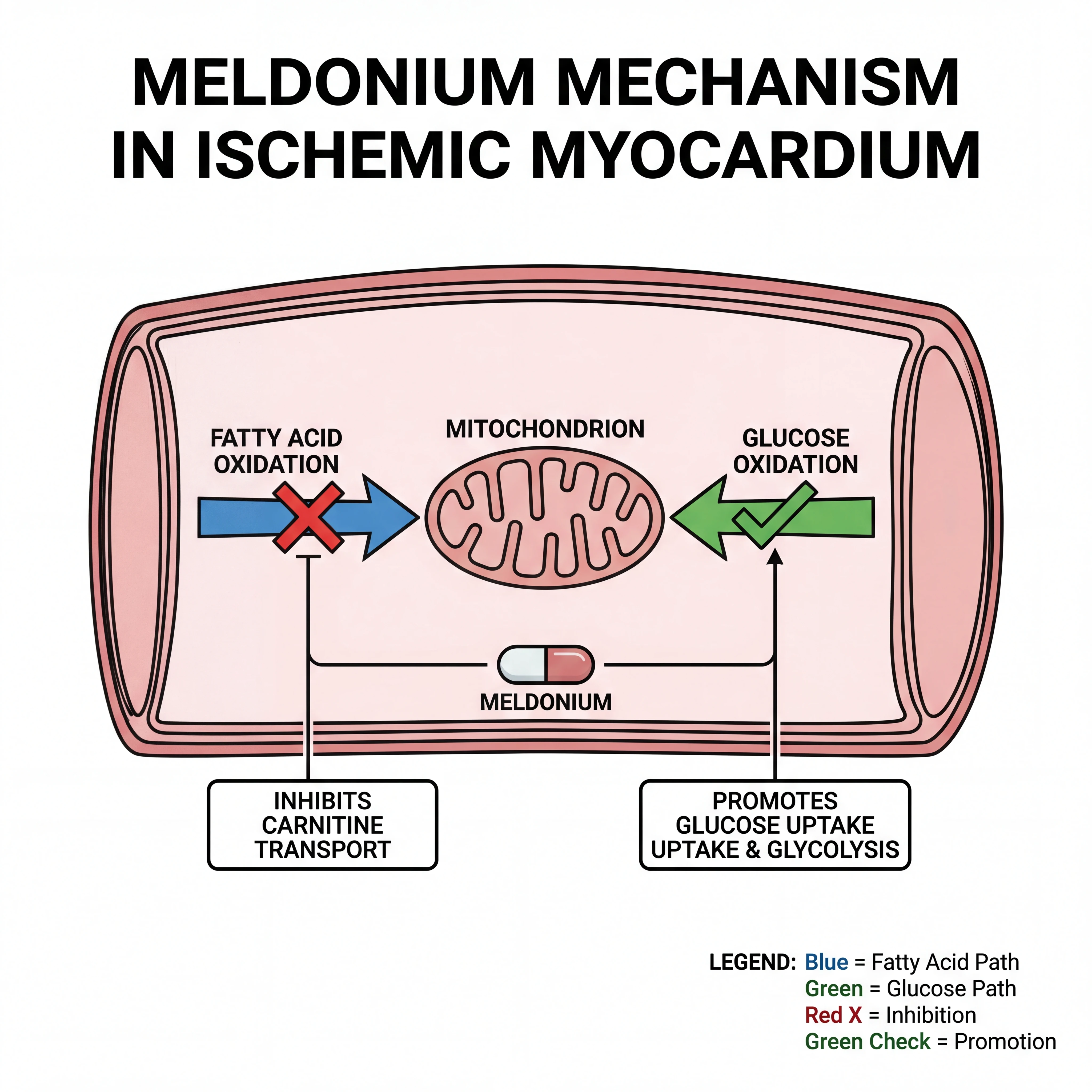 Infographic-style visualization of meldonium metabolic pathways showing shift from fatty acid oxidation toward glucose utilization in mitochondria.