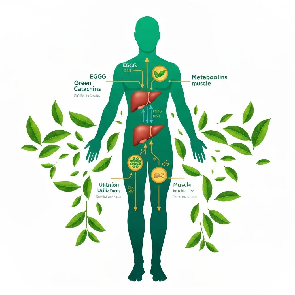 Infographic showing how EGCG and caffeine in green tea extract affect fat metabolism pathways