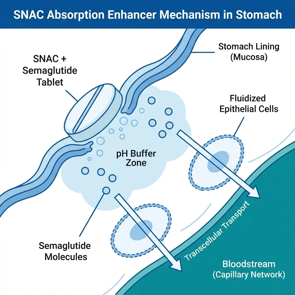 Diagram showing how SNAC enhancer protects semaglutide and facilitates absorption through the stomach lining