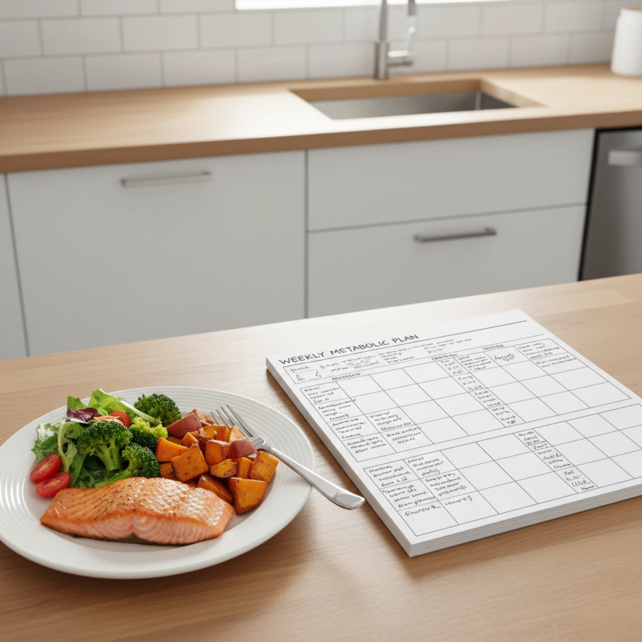 Clinical notebook and nutrition plan beside a plate model that compares pharmacologic and lifestyle approaches