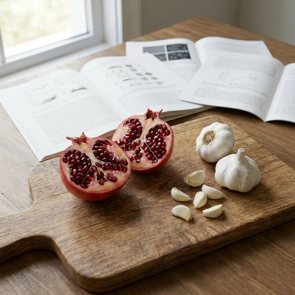 Fresh pomegranate halves beside garlic cloves on a wooden cutting board with clinical research papers in the background