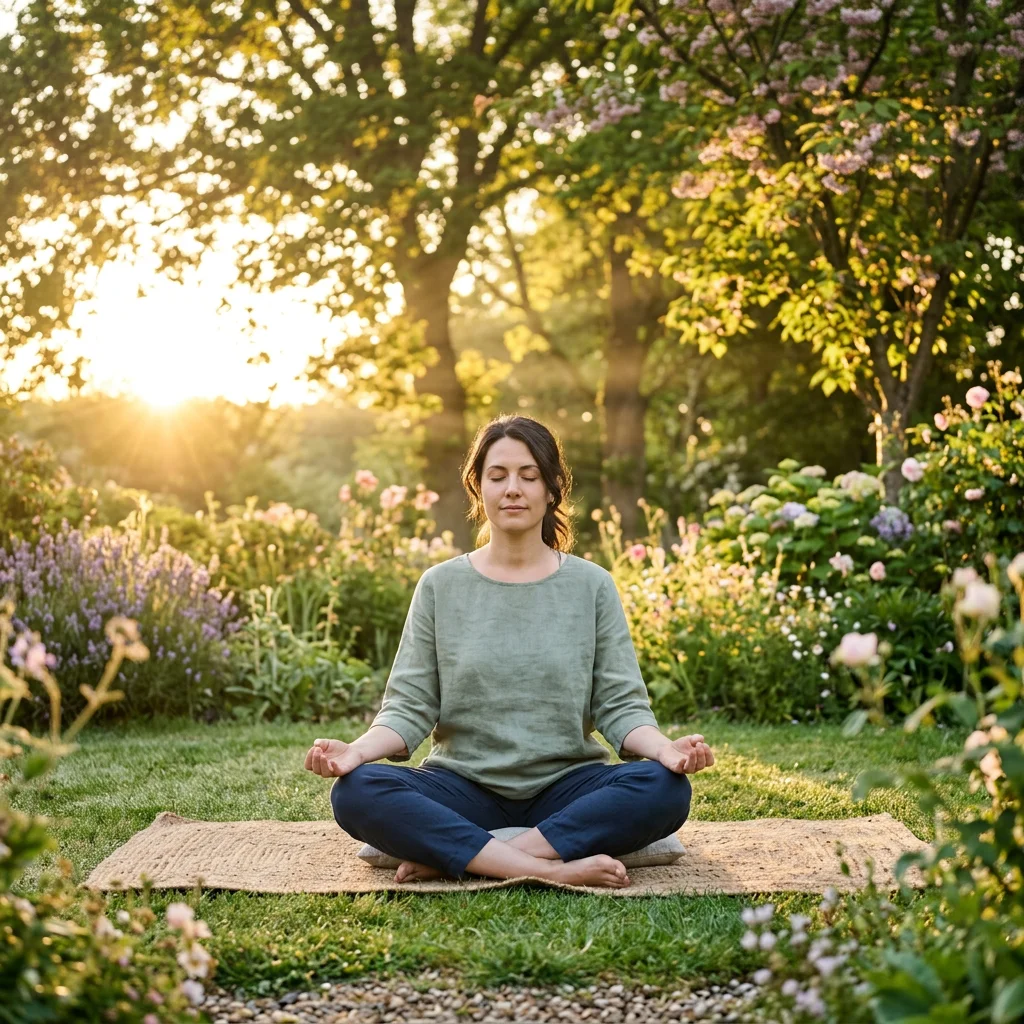 Person practicing seated meditation in a calm outdoor setting with morning light and greenery in the background