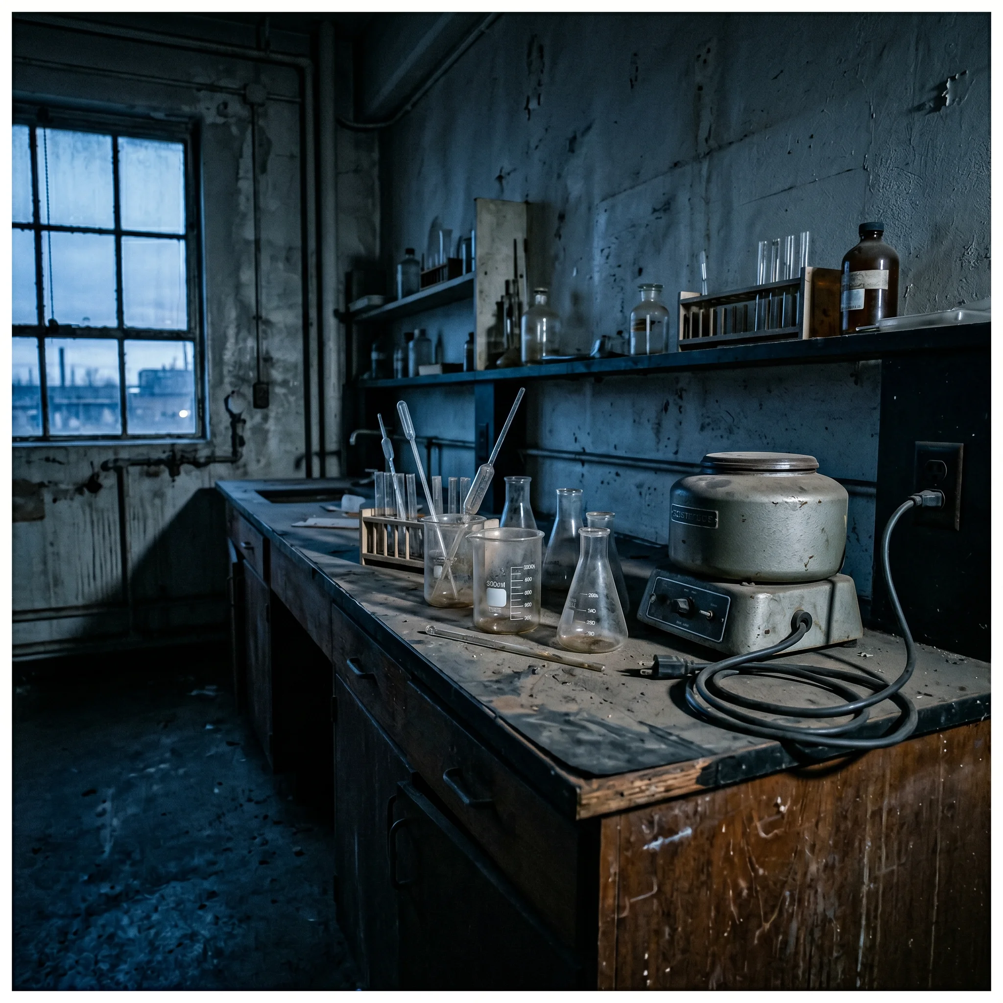 An empty research laboratory bench with abandoned glassware in cool blue light