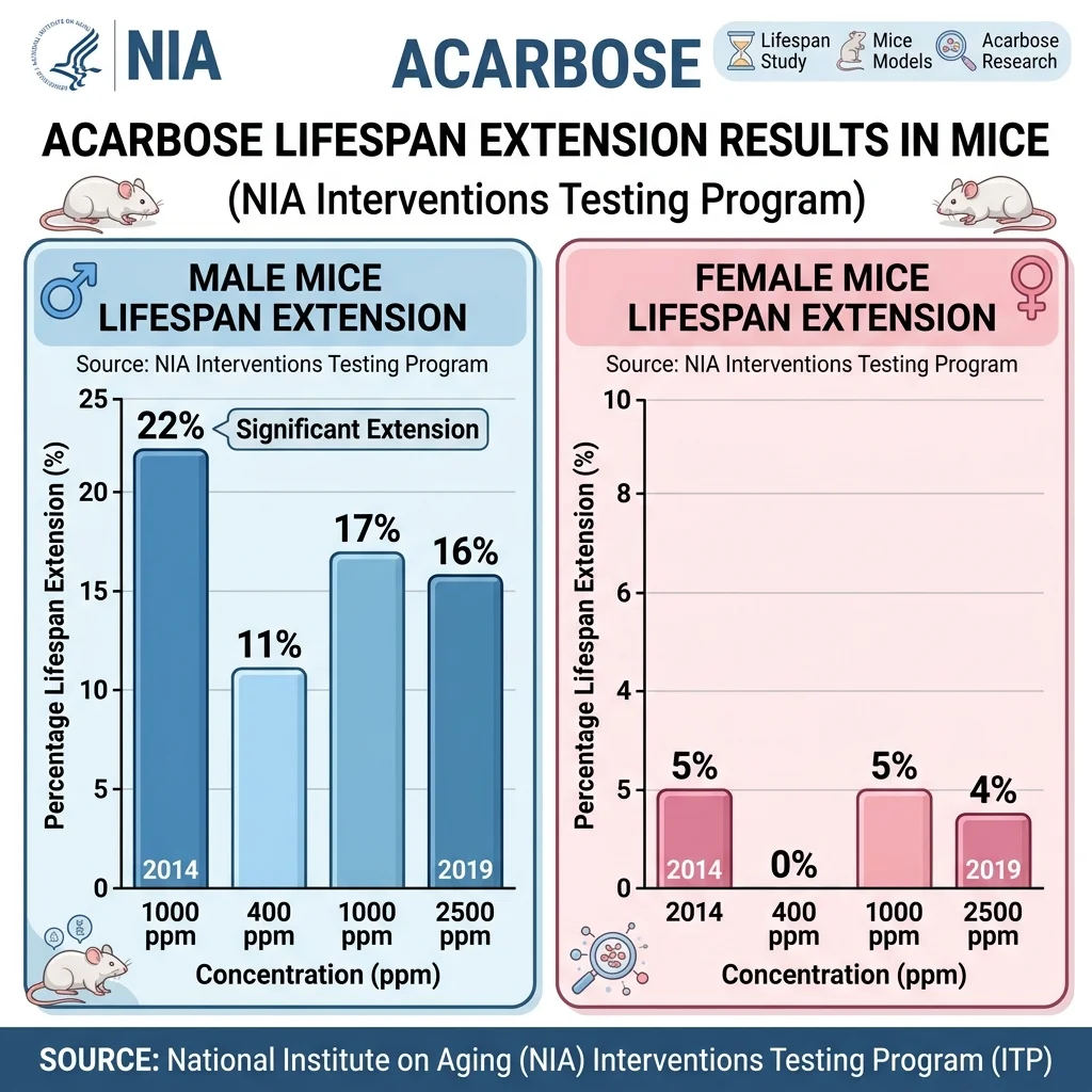 Bar chart comparing acarbose lifespan extension percentages in male versus female mice across ITP studies