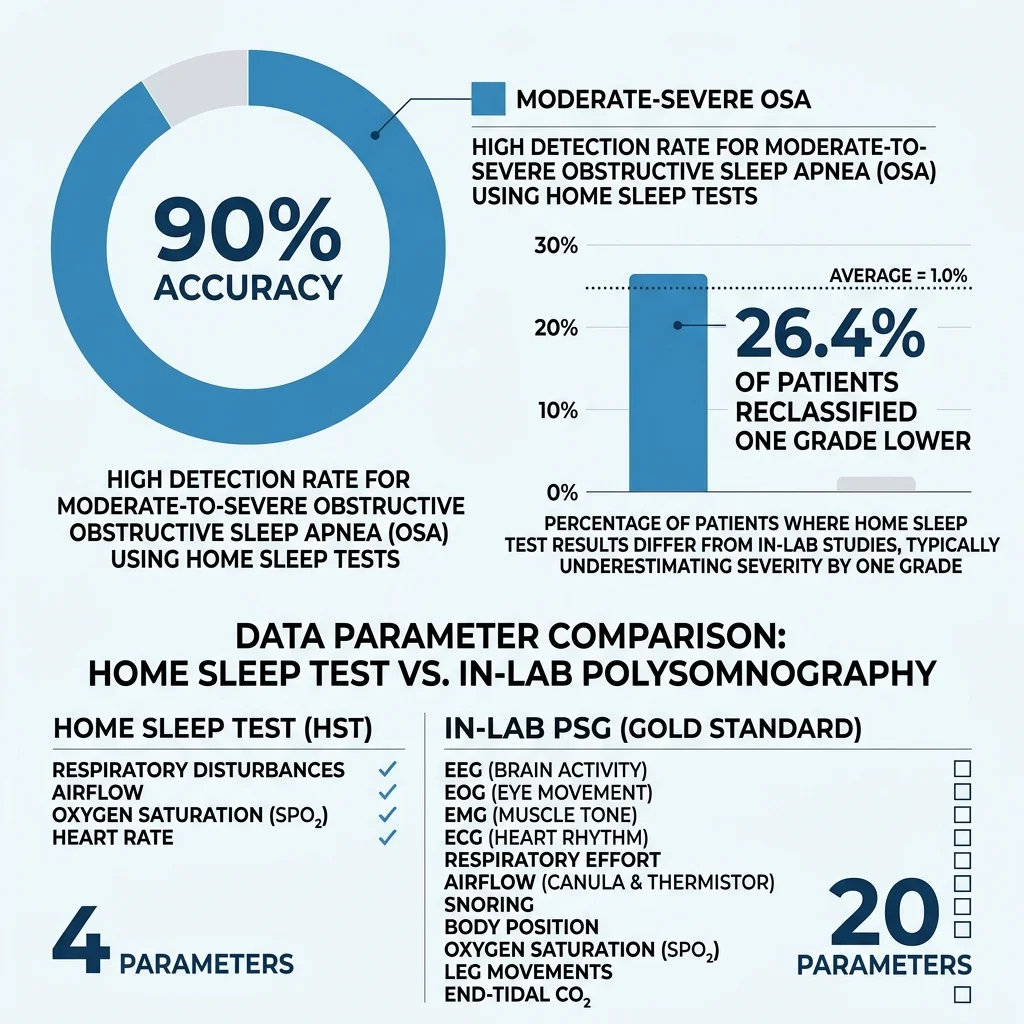 Infographic comparing home sleep test accuracy metrics including 90 percent detection rate and 26 percent severity reclassification risk