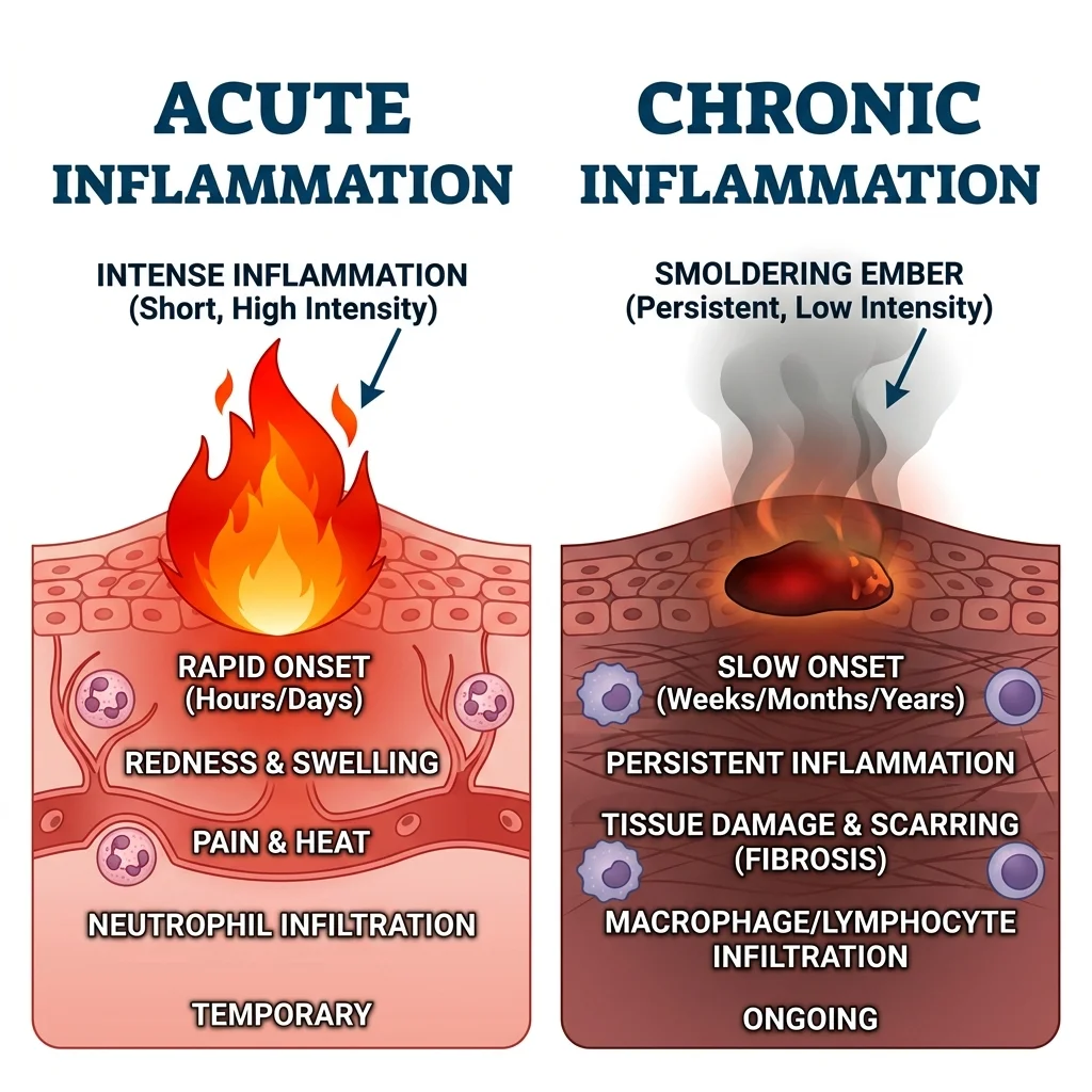 Side-by-side comparison showing acute inflammation as a short intense response versus chronic inflammation as a prolonged low-grade process