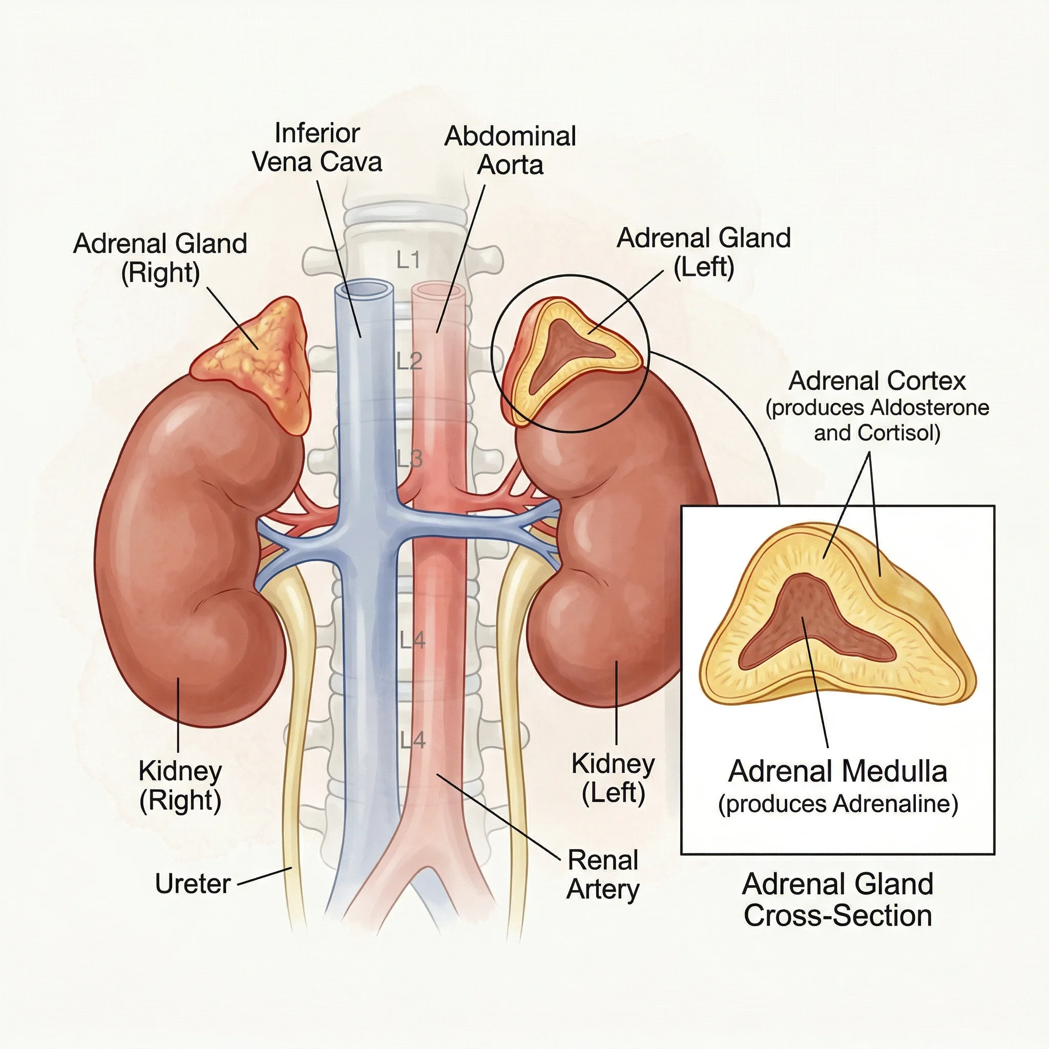 Medical illustration of adrenal glands atop kidneys showing cortex and medulla hormone production