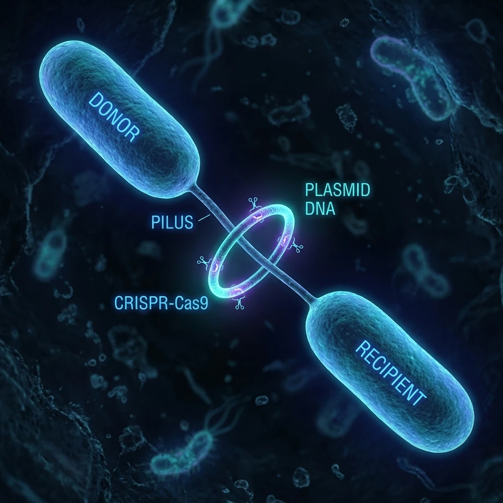 Scientific illustration of bacterial conjugation transferring a CRISPR-carrying plasmid between bacterial cells