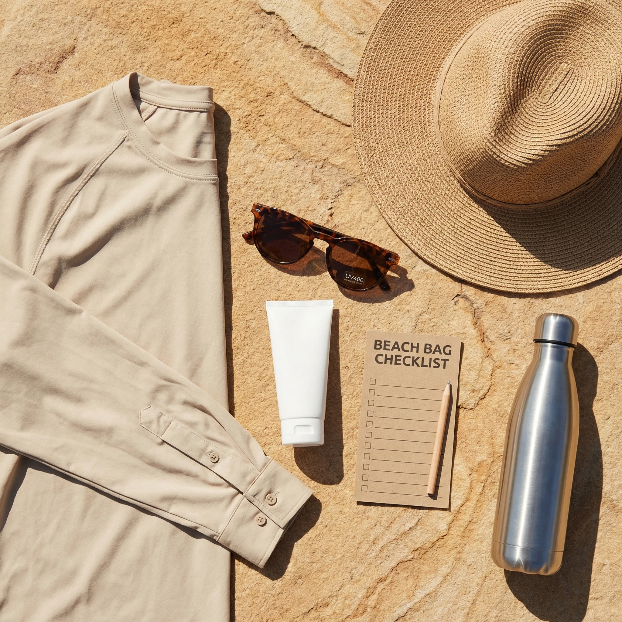Flat lay of UV-protective shirt, broad hat, sunglasses, sunscreen, and water bottle arranged as a practical sun-protection kit