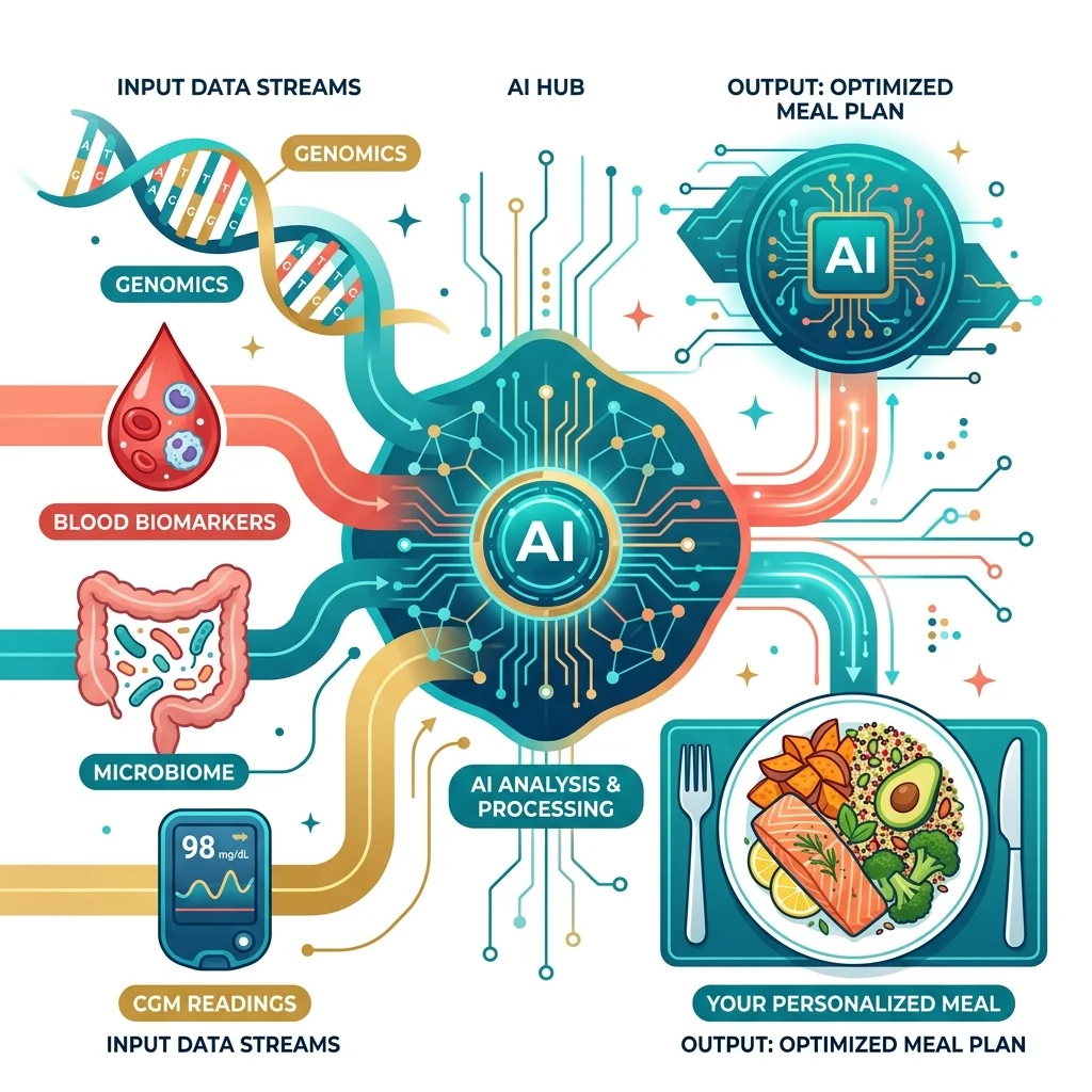 Illustration of multiple biological data streams feeding into an AI system that produces personalized meal recommendations