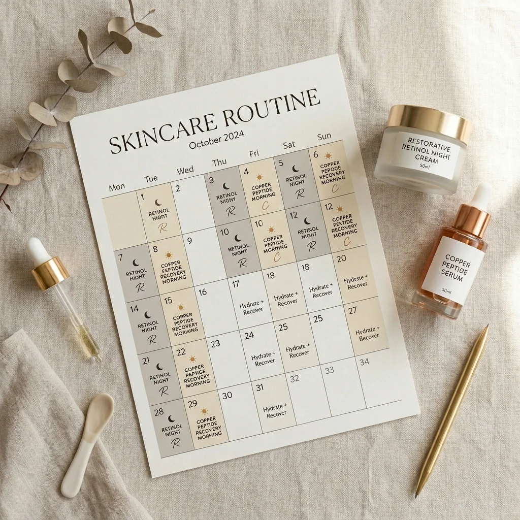 Skincare calendar showing alternating retinol and copper peptide use