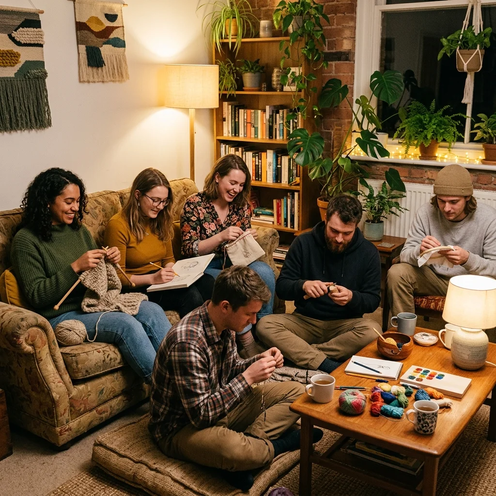 Young adults at a tech-free craft night knitting and drawing together in a warmly lit living room