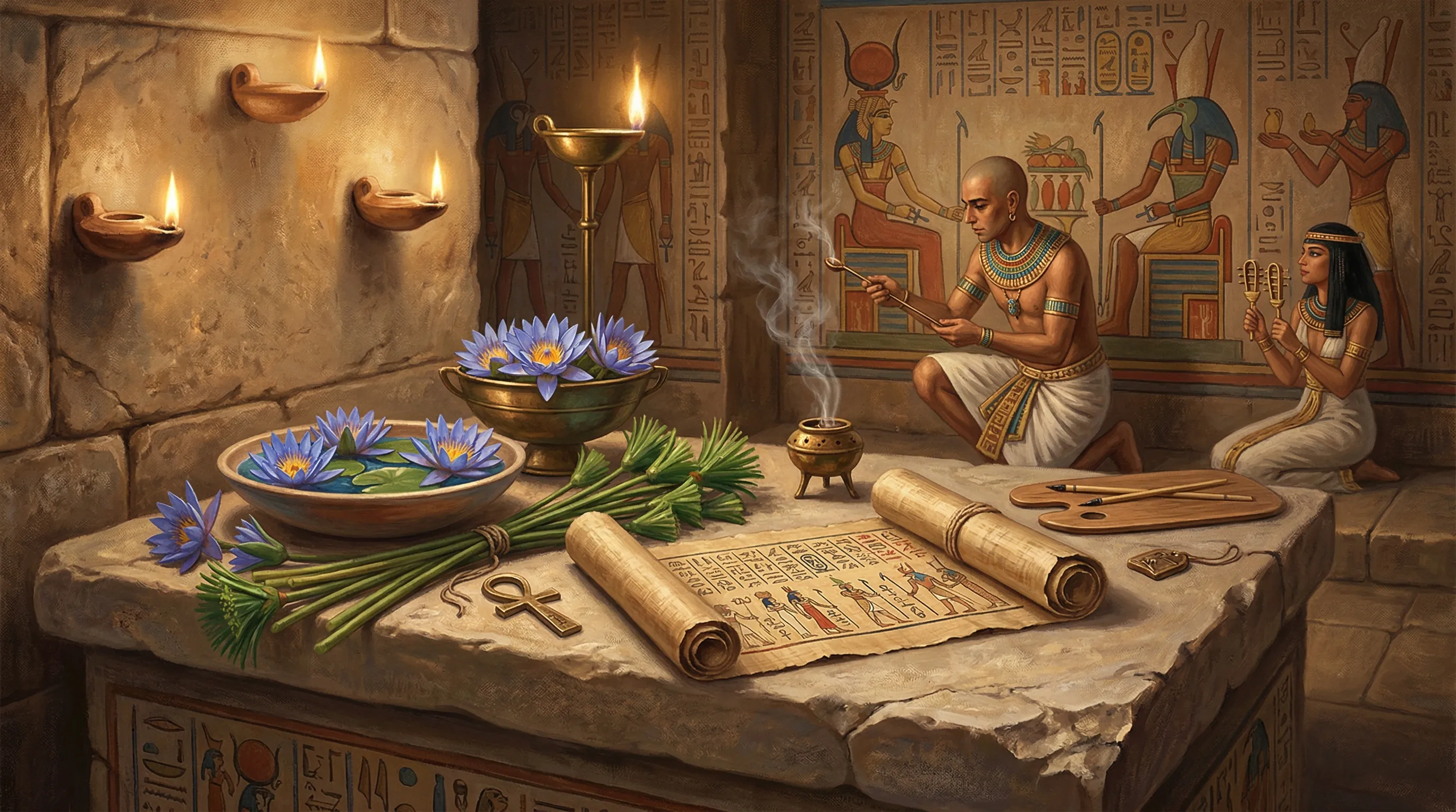 Artistic depiction of ancient Egyptian ceremonial scene with blue water lilies and papyrus scrolls