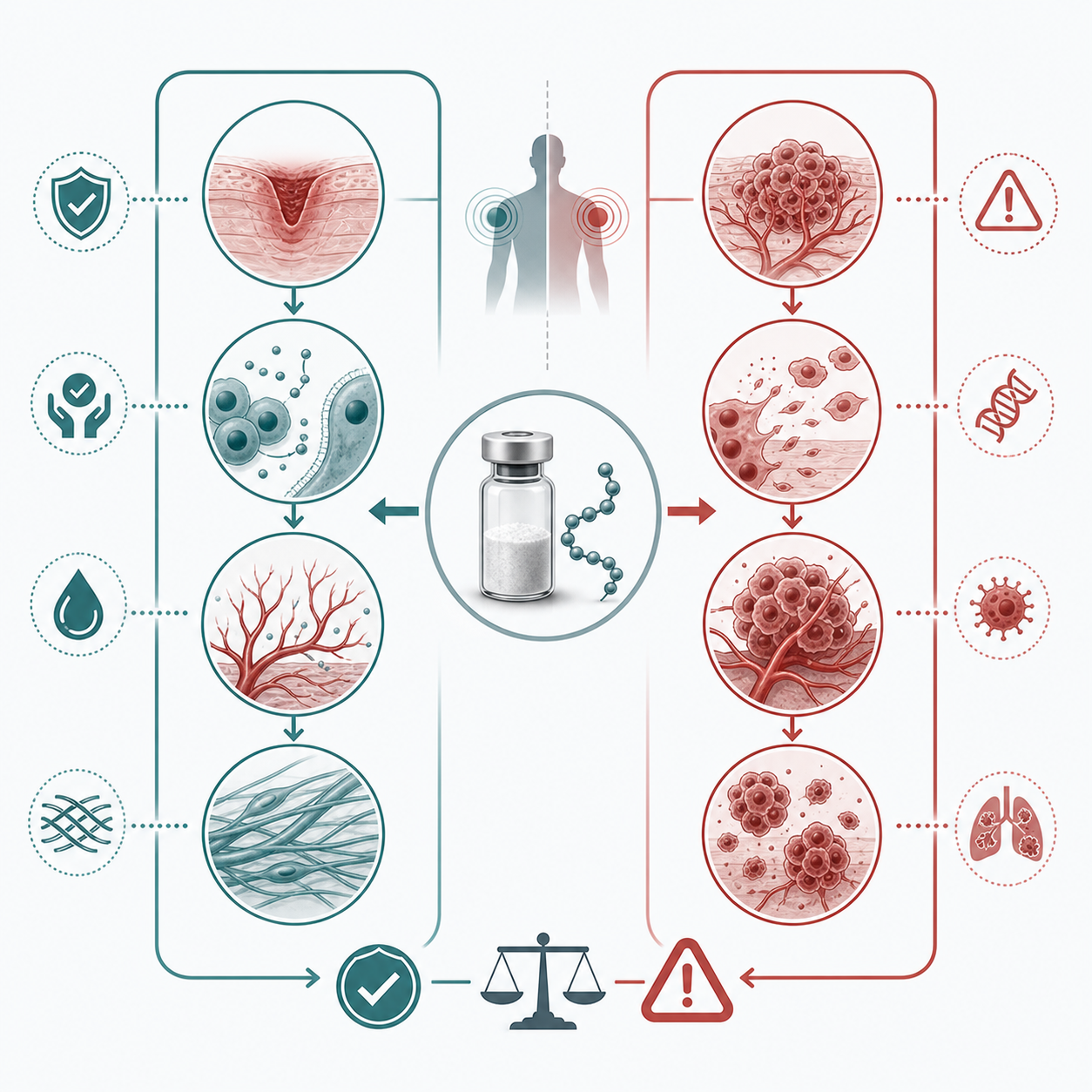 Infographic comparing BPC-157 repair signaling with theoretical angiogenesis-related cancer concerns