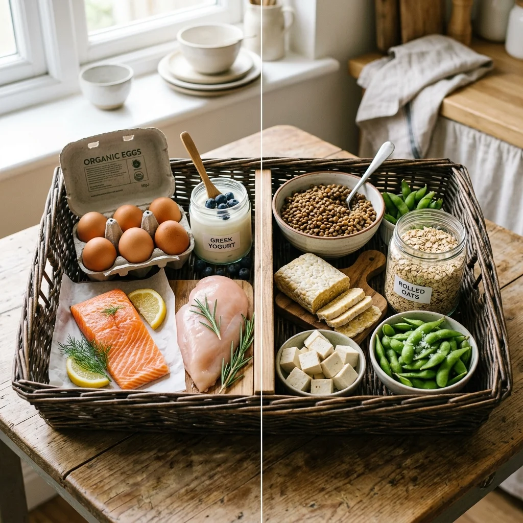 Animal and plant protein foods arranged side by side for an anti-aging grocery list