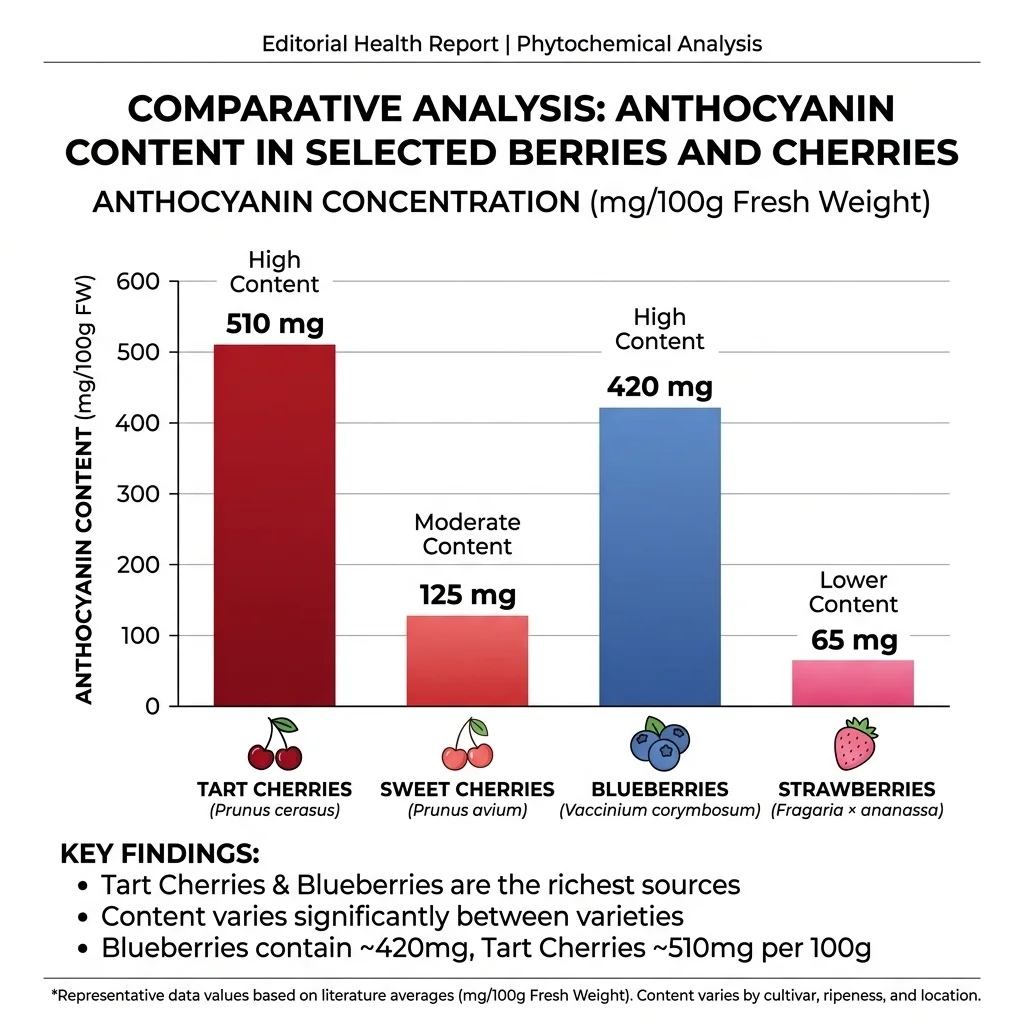 Infographic comparing anthocyanin and polyphenol content between tart cherries, sweet cherries, blueberries, and strawberries