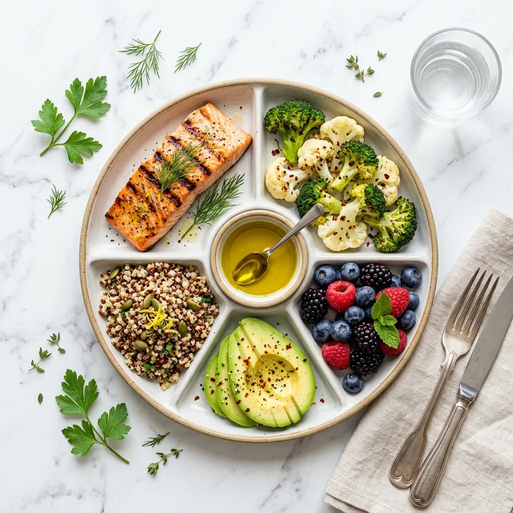 Colorful plate divided into sections showing recommended food groups for endometriosis management