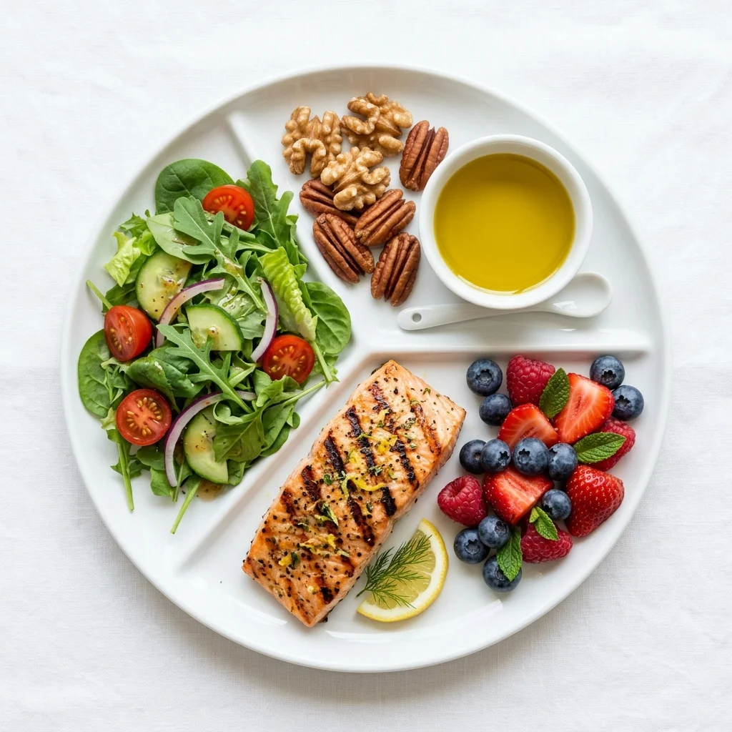 Colorful plate divided into sections showing anti-inflammatory food categories including fatty fish, leafy greens, berries, nuts, and olive oil