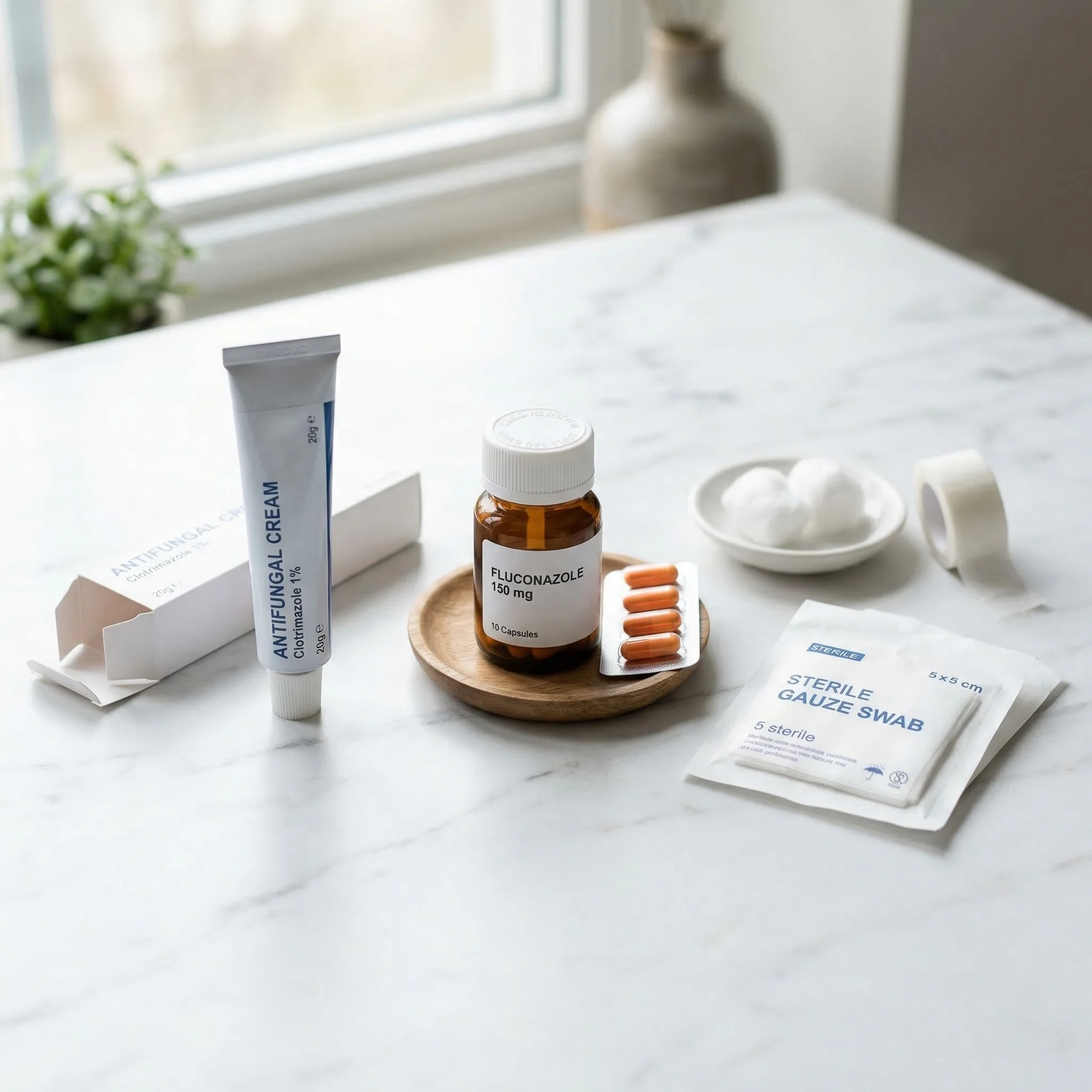 Clean medical illustration showing three antifungal treatment pathways: topical creams, oral medications, and intravenous therapy