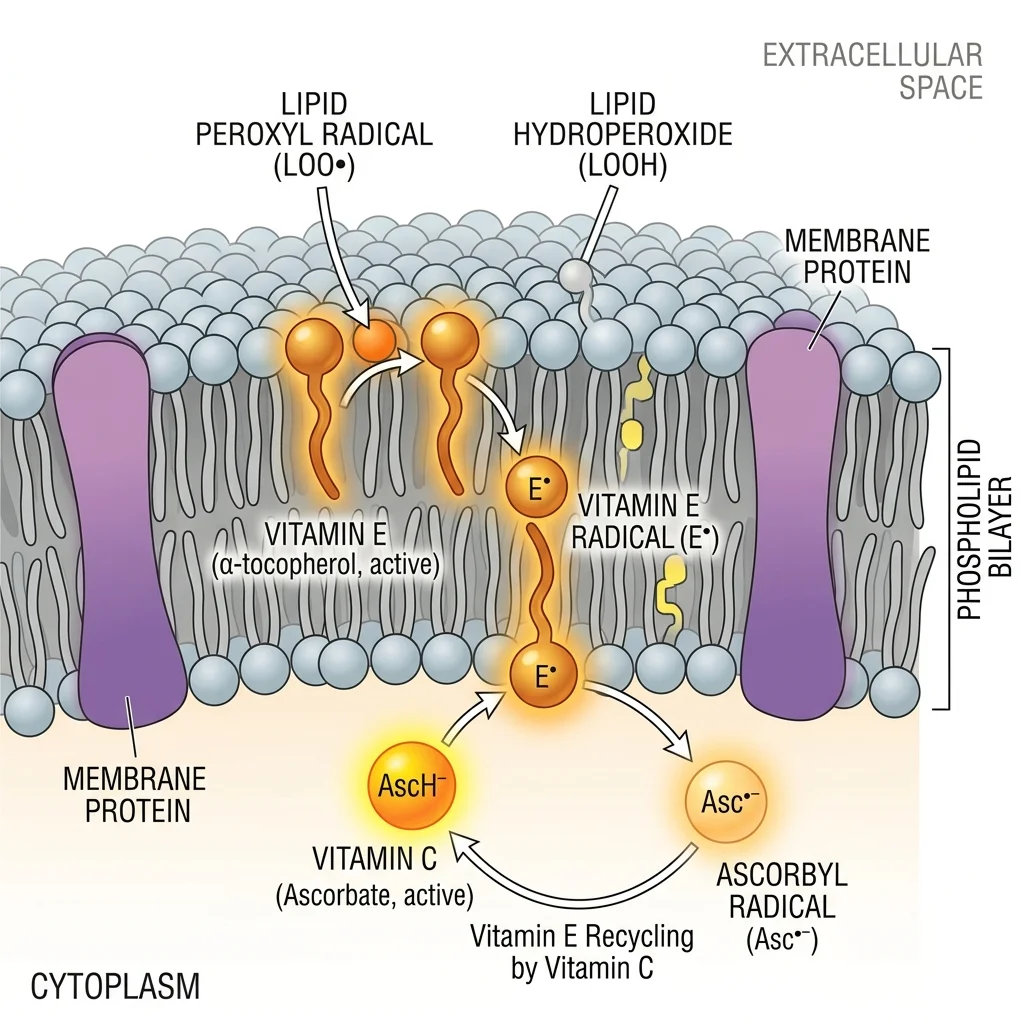 Illustration of vitamin E and vitamin C working together to neutralize free radicals in cell membranes