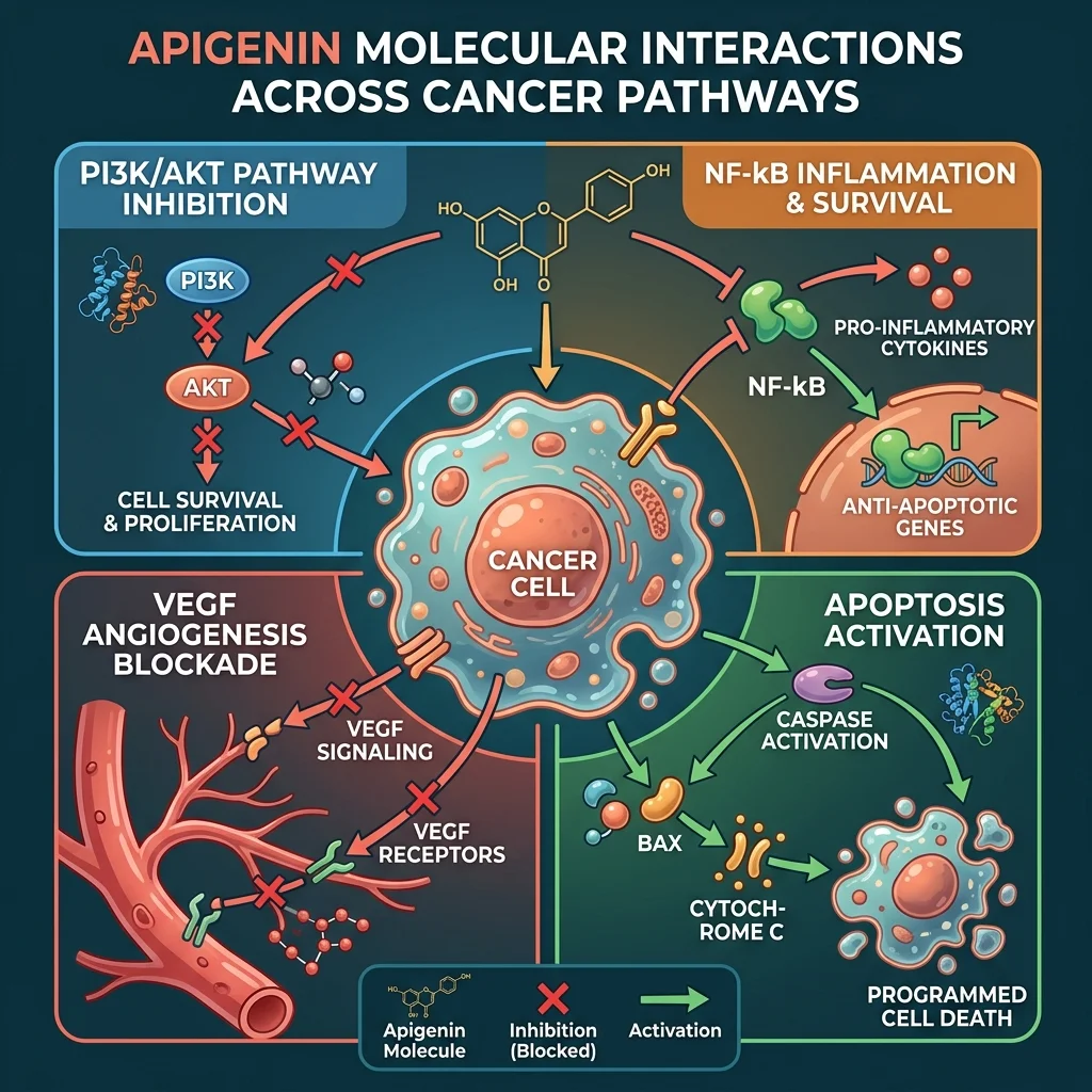 Illustration of apigenin targeting multiple cancer signaling pathways in a cell