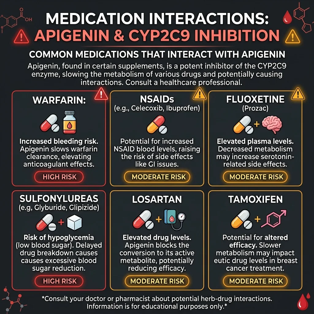 Infographic showing common medications that may interact with apigenin through CYP2C9 enzyme inhibition