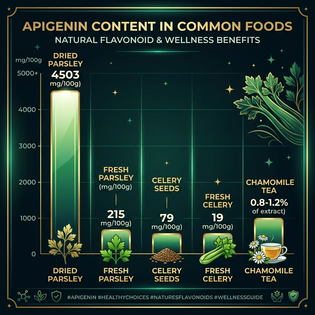 Infographic comparing apigenin content across common dietary sources including parsley, celery, and chamomile