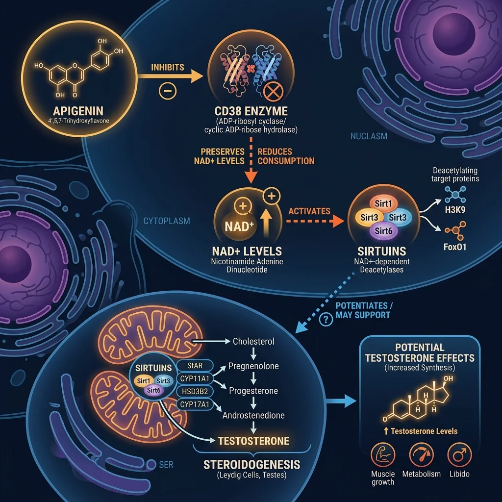 Diagram illustrating the indirect theoretical pathway from apigenin through CD38 inhibition and NAD+ to potential testosterone effects