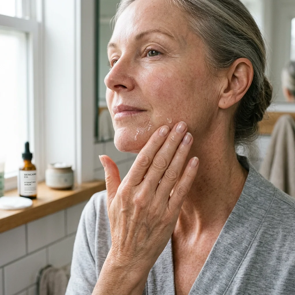 A person applying a lightweight peptide serum to clean cheek skin