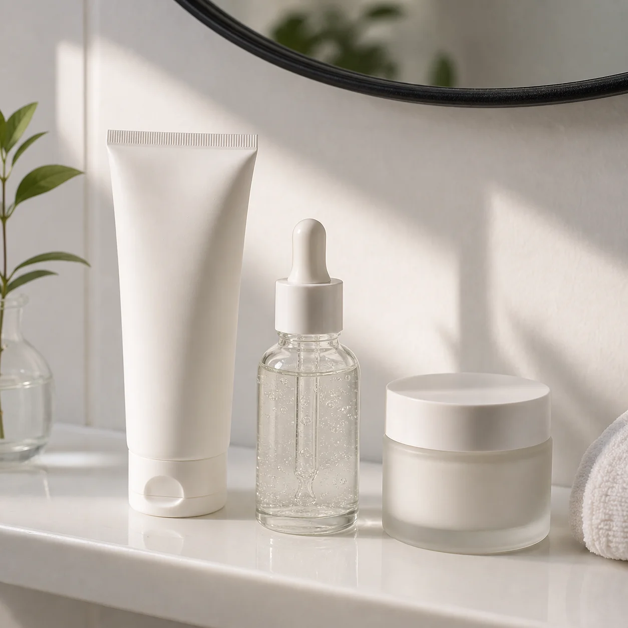 Simple skincare routine layout for using Argireline serum
