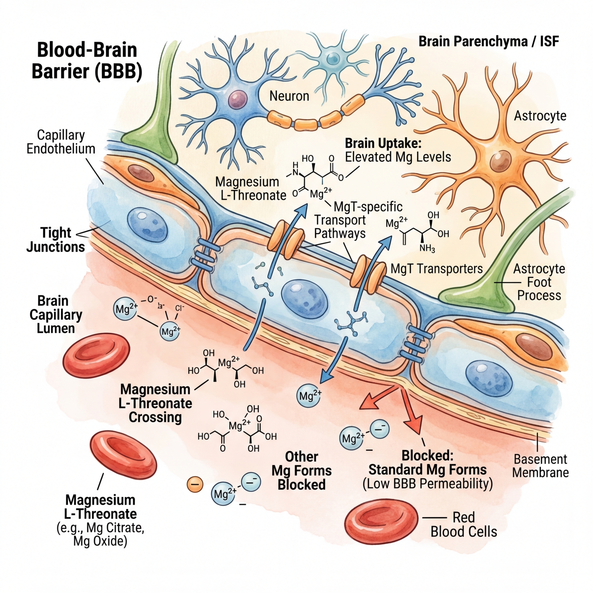 Illustration of magnesium L-threonate crossing the blood-brain barrier