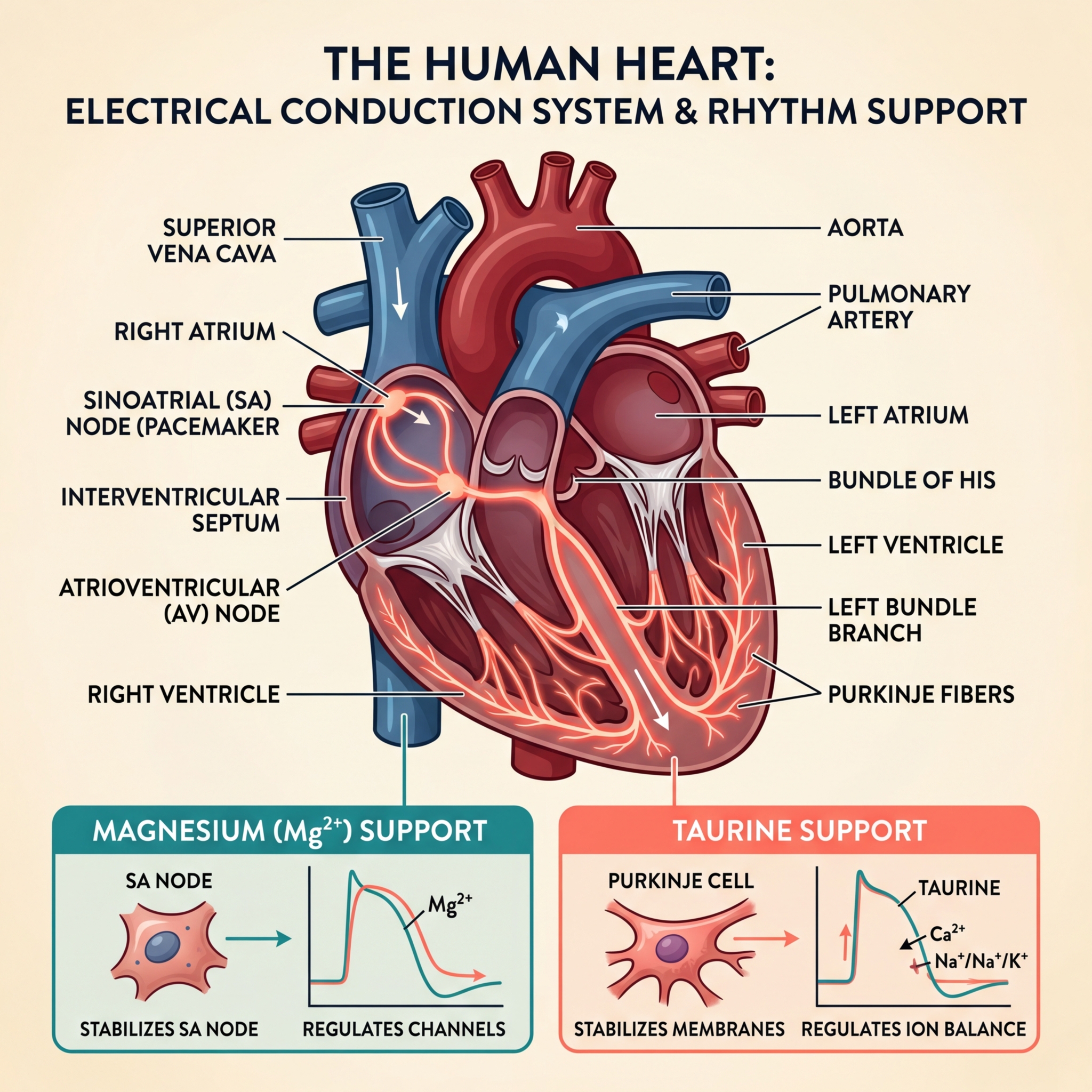 Heart anatomy showing magnesium and taurine supporting cardiac rhythm
