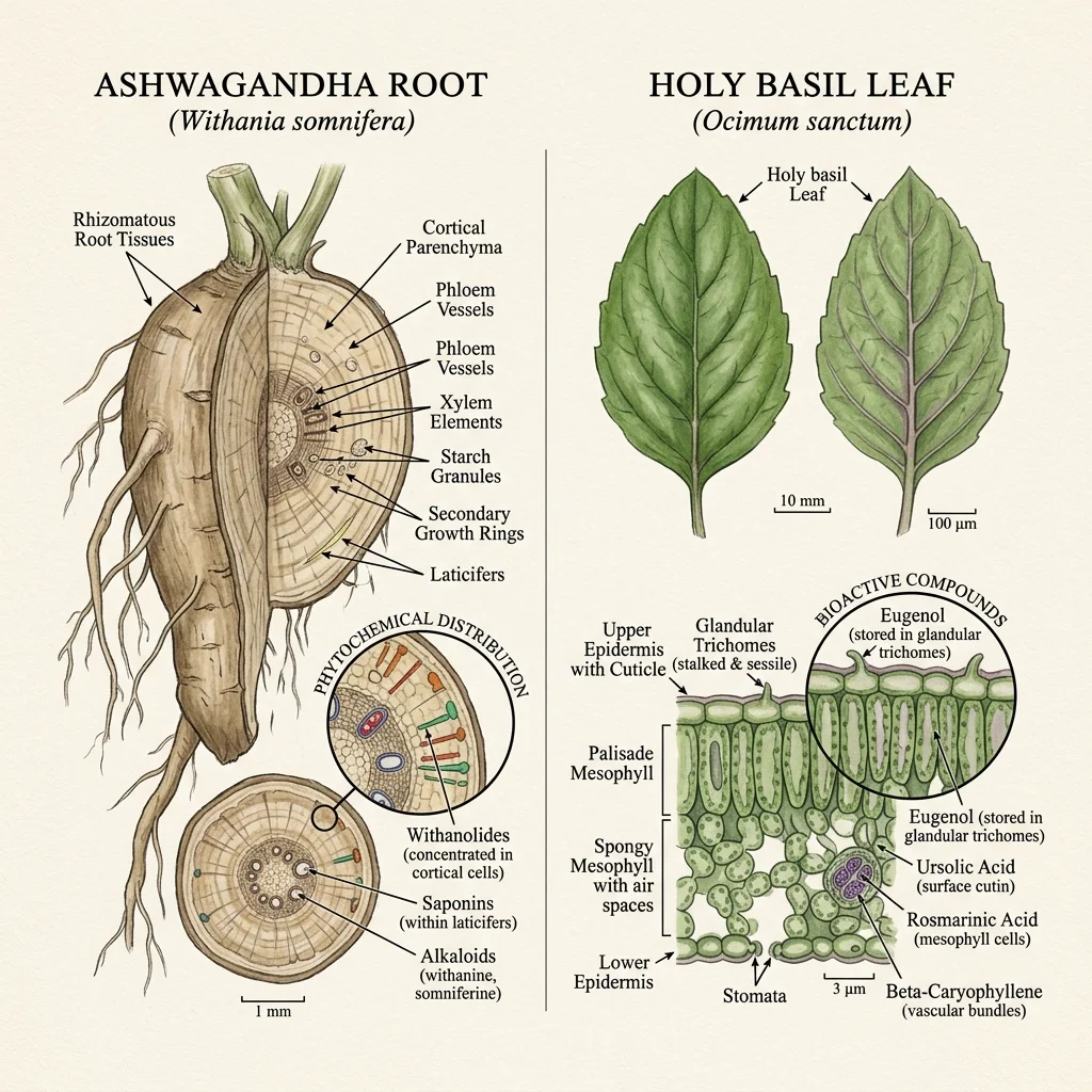 Botanical comparison of ashwagandha root and holy basil leaf structures and key compounds