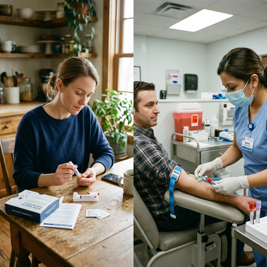 Side-by-side comparison of at-home finger-prick blood testing versus professional venous blood draw in a clinical setting