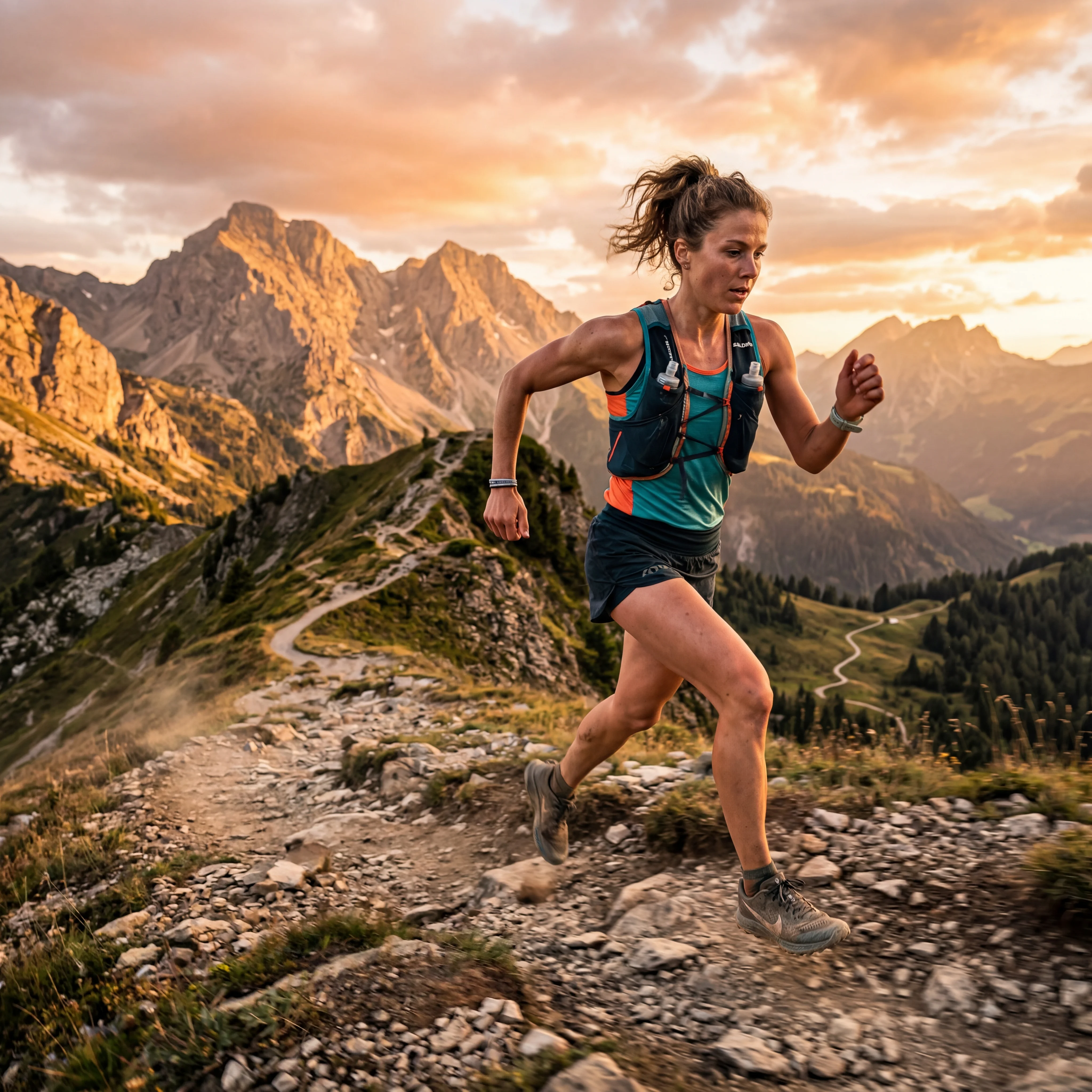 Runner on a trail during an endurance training session with mountain scenery in the background