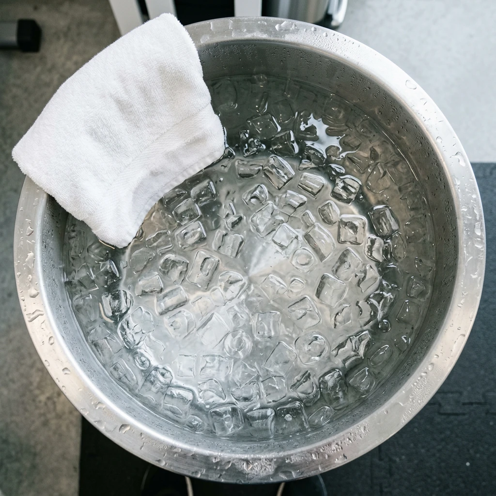 Athlete sitting in an ice bath after training with bags of ice floating in the water