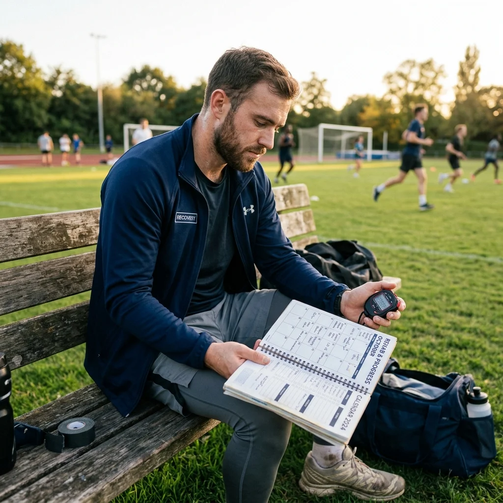 Athlete reviewing a rehabilitation calendar beside a training field