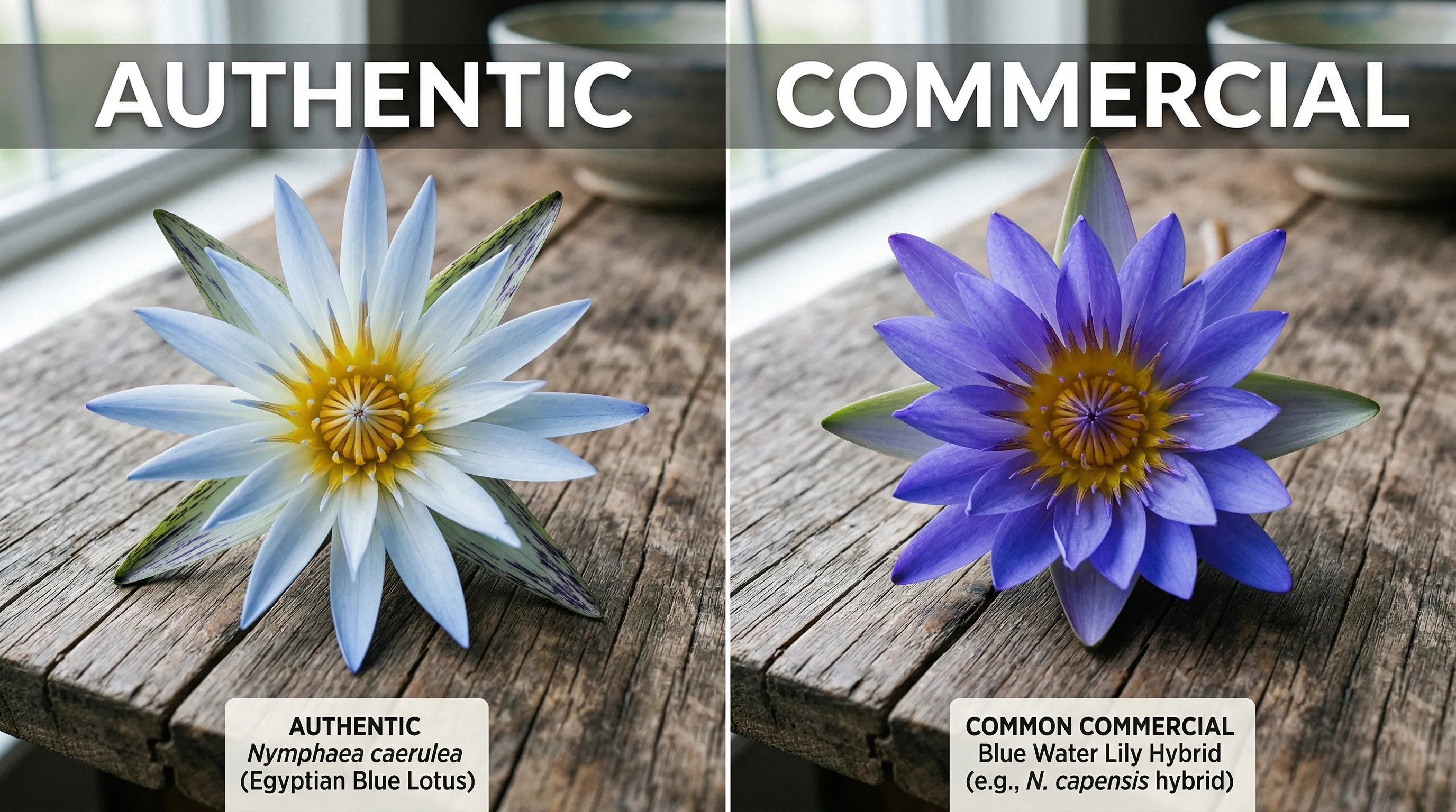 Side by side comparison showing authentic blue lotus flower versus common water lily sold commercially