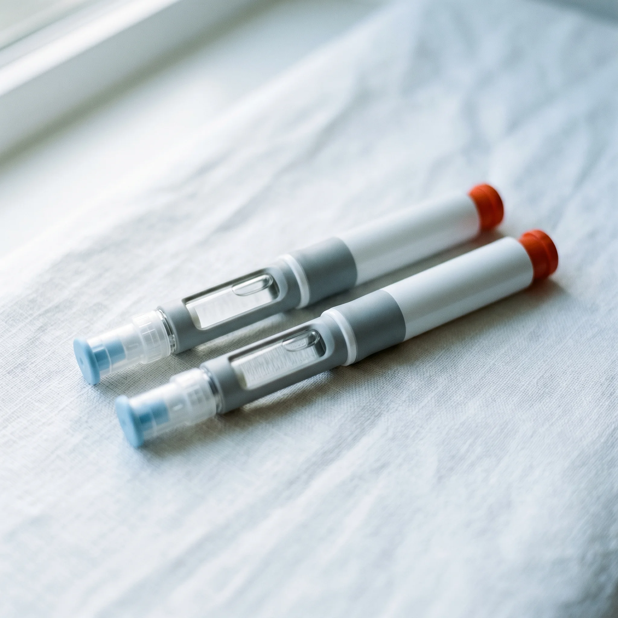 Two unbranded prefilled auto-injector pens side by side on a linen surface